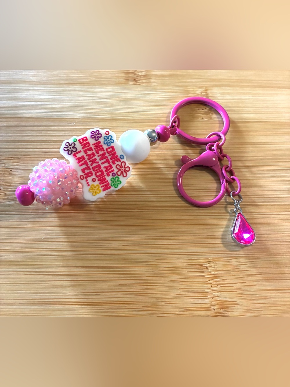 Pink & White 'One Mental Breakdown Later' Beaded Keychain - Picture 3 of 4